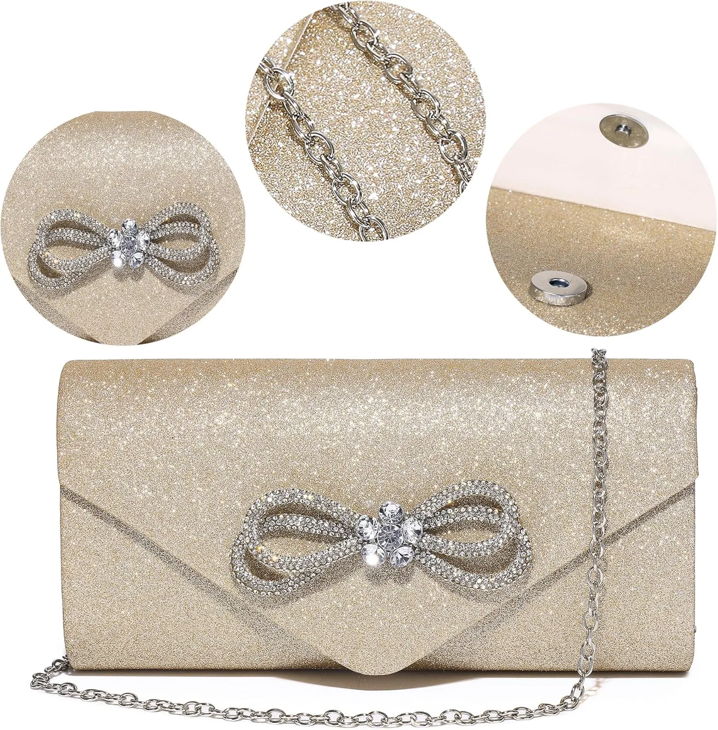 Womens Evening Bag Sparkly Bow Clutch Purse Wedding Party Purses Glitter Rhinestone Cocktail Prom Handbags