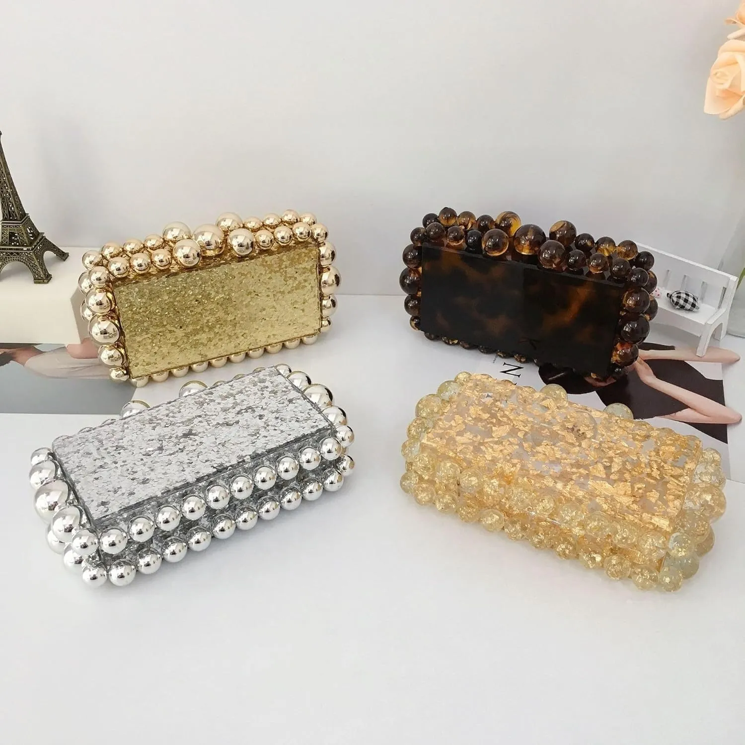 Women's Evening Bag Sparkly Pearl Clutch Purse Acrylic Crossbody Bag for Women