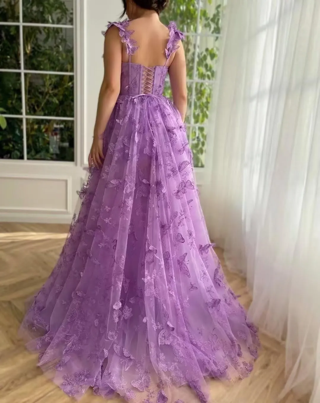 Women's Fairy Butterfly Embroidery Evening Dresses Sleeveless Long Tulle Prom Dress A Line
