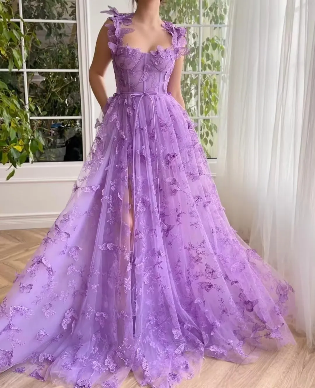 Women's Fairy Butterfly Embroidery Evening Dresses Sleeveless Long Tulle Prom Dress A Line