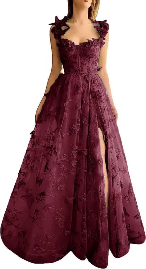 Women's Fairy Butterfly Embroidery Evening Dresses Sleeveless Long Tulle Prom Dress A Line