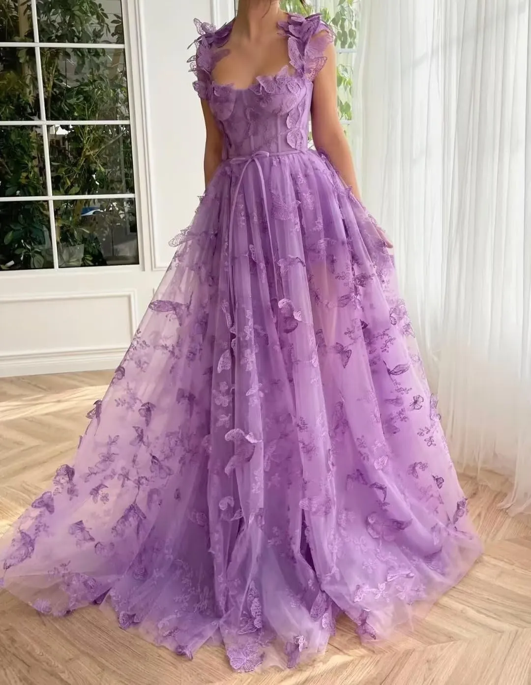 Women's Fairy Butterfly Embroidery Evening Dresses Sleeveless Long Tulle Prom Dress A Line
