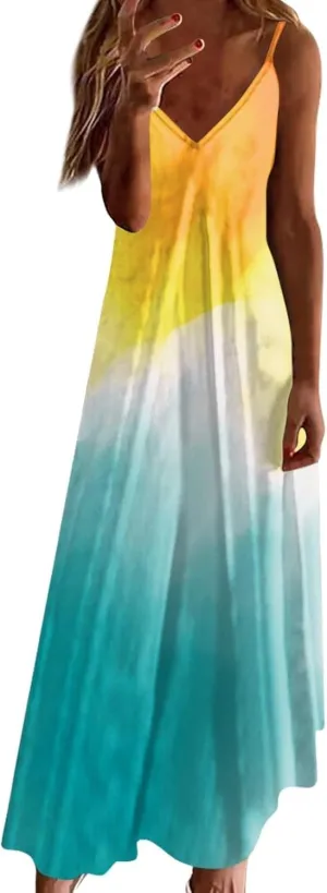 Women's Floral Spaghetti Strap Sundress Casual Summer Long Maxi Dress Vneck Sexy Boho Dresses Trendy Beach Clothes