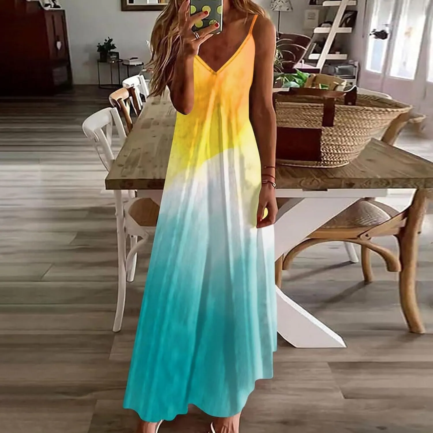 Women's Floral Spaghetti Strap Sundress Casual Summer Long Maxi Dress Vneck Sexy Boho Dresses Trendy Beach Clothes