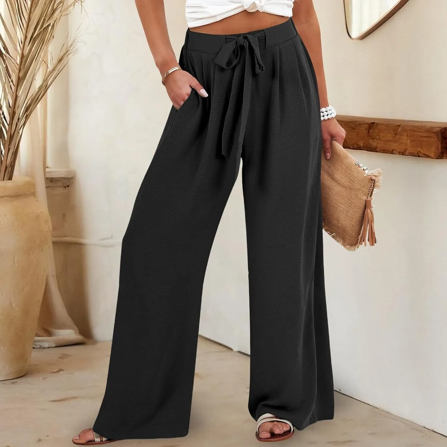 Womens High Waisted Wide Leg Drawstring Pants Office Elegant Fit Stretch Waistband Trousers Evening Party Casual Pant
