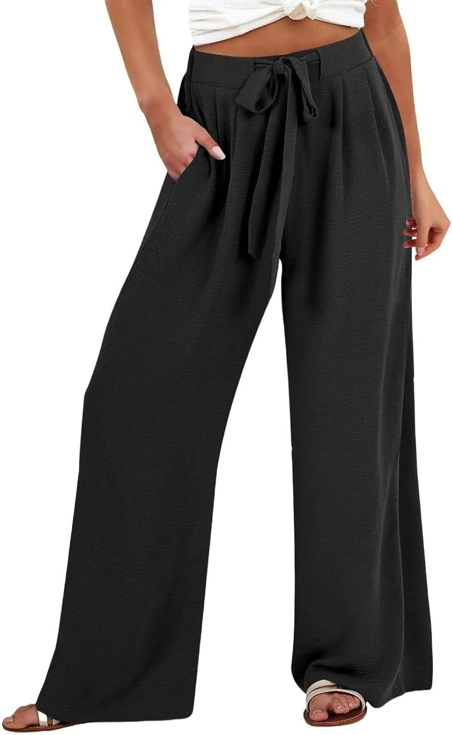 Womens High Waisted Wide Leg Drawstring Pants Office Elegant Fit Stretch Waistband Trousers Evening Party Casual Pant