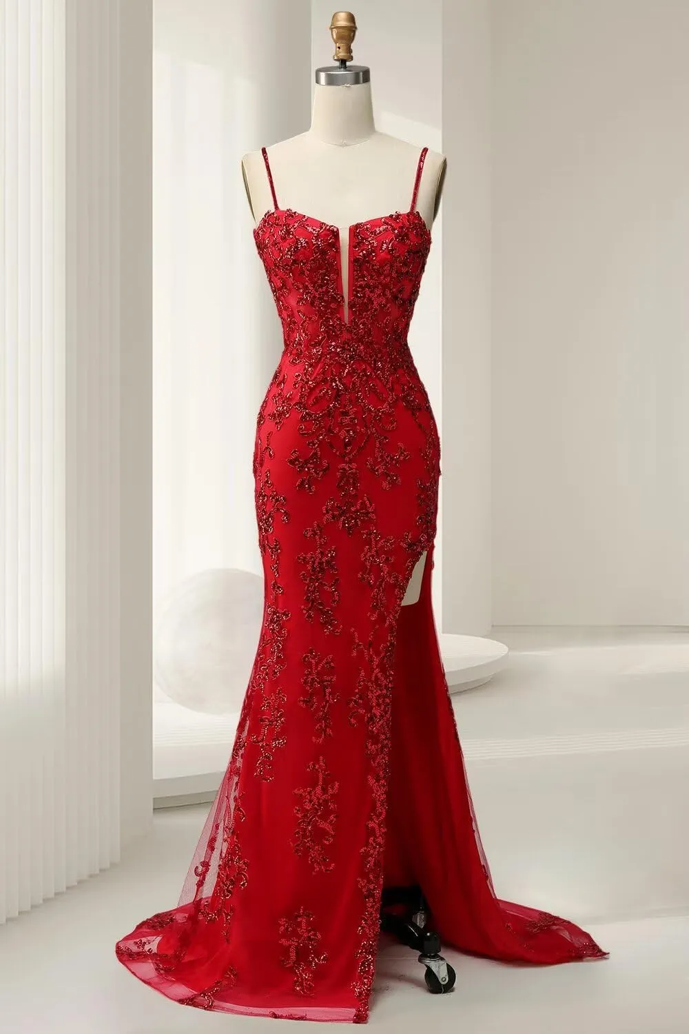 Women's Lace Applicque Spaghetti Strap Prom Dresses with Slit Tulle Mermaid Long Ball Gowns DI015