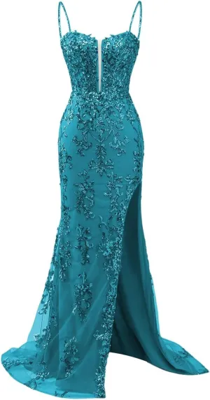 Women's Lace Applicque Spaghetti Strap Prom Dresses with Slit Tulle Mermaid Long Ball Gowns DI015