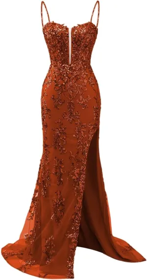 Women's Lace Applicque Spaghetti Strap Prom Dresses with Slit Tulle Mermaid Long Ball Gowns DI015