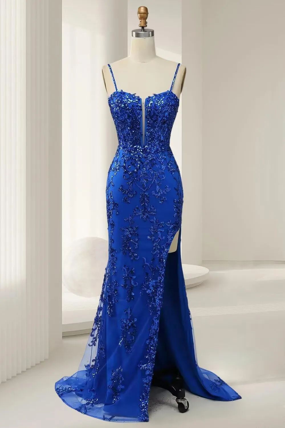 Women's Lace Applicque Spaghetti Strap Prom Dresses with Slit Tulle Mermaid Long Ball Gowns DI015