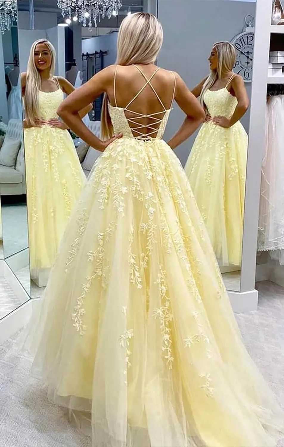 Women's Lace Appliques Prom Dresses Long Spaghetti Strap Ball Gowns Tulle Formal Dress for Party