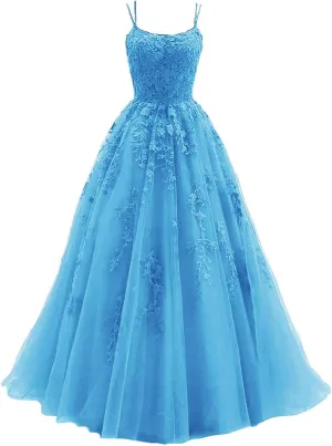 Women's Lace Appliques Prom Dresses Long Spaghetti Strap Ball Gowns Tulle Formal Dress for Party
