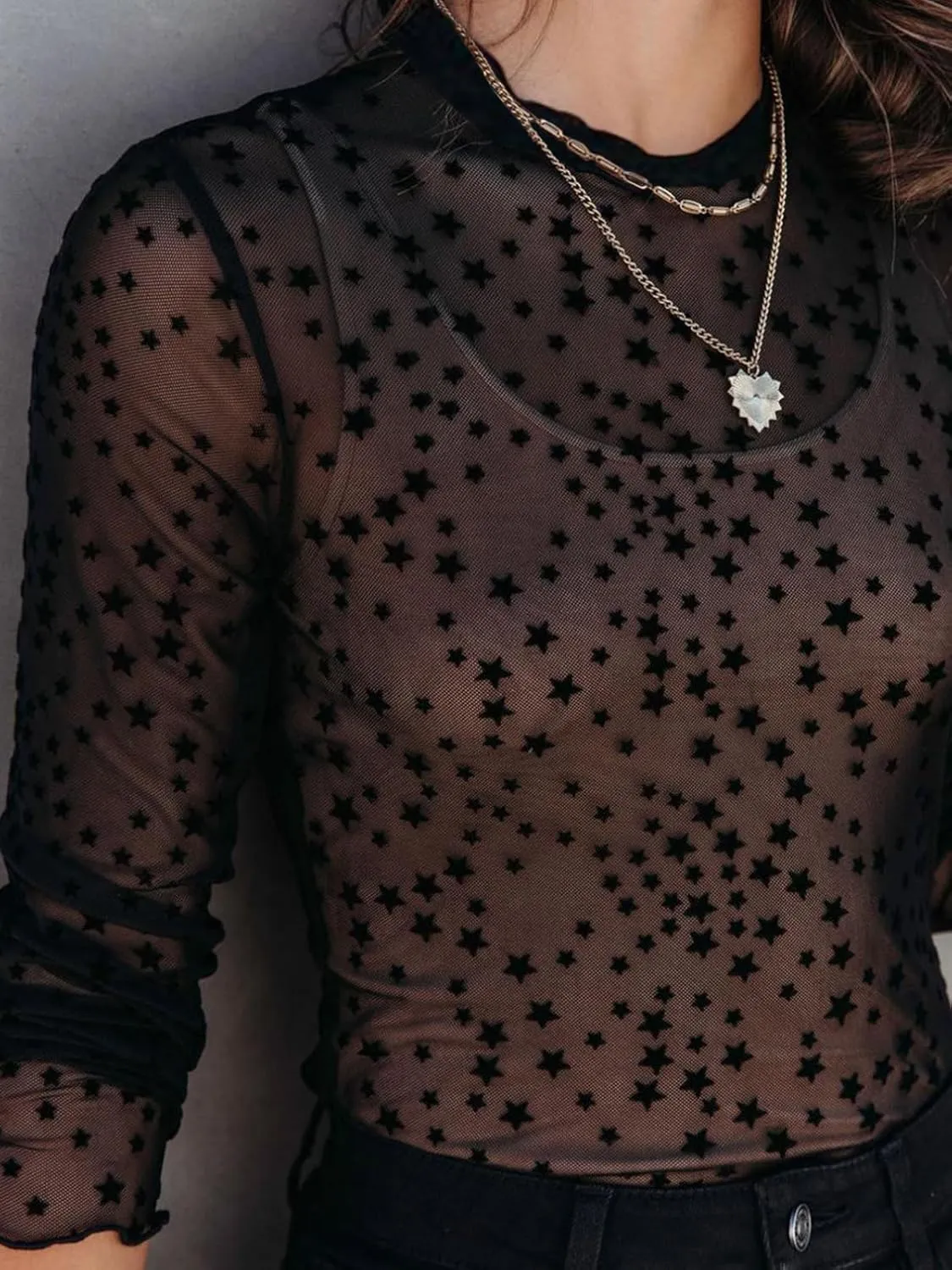 Women's Lace Long Sleeve Mesh Top Mock Neck Sheer Blouse See Through Floral Crochet Tops