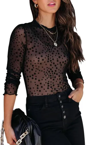 Women's Lace Long Sleeve Mesh Top Mock Neck Sheer Blouse See Through Floral Crochet Tops