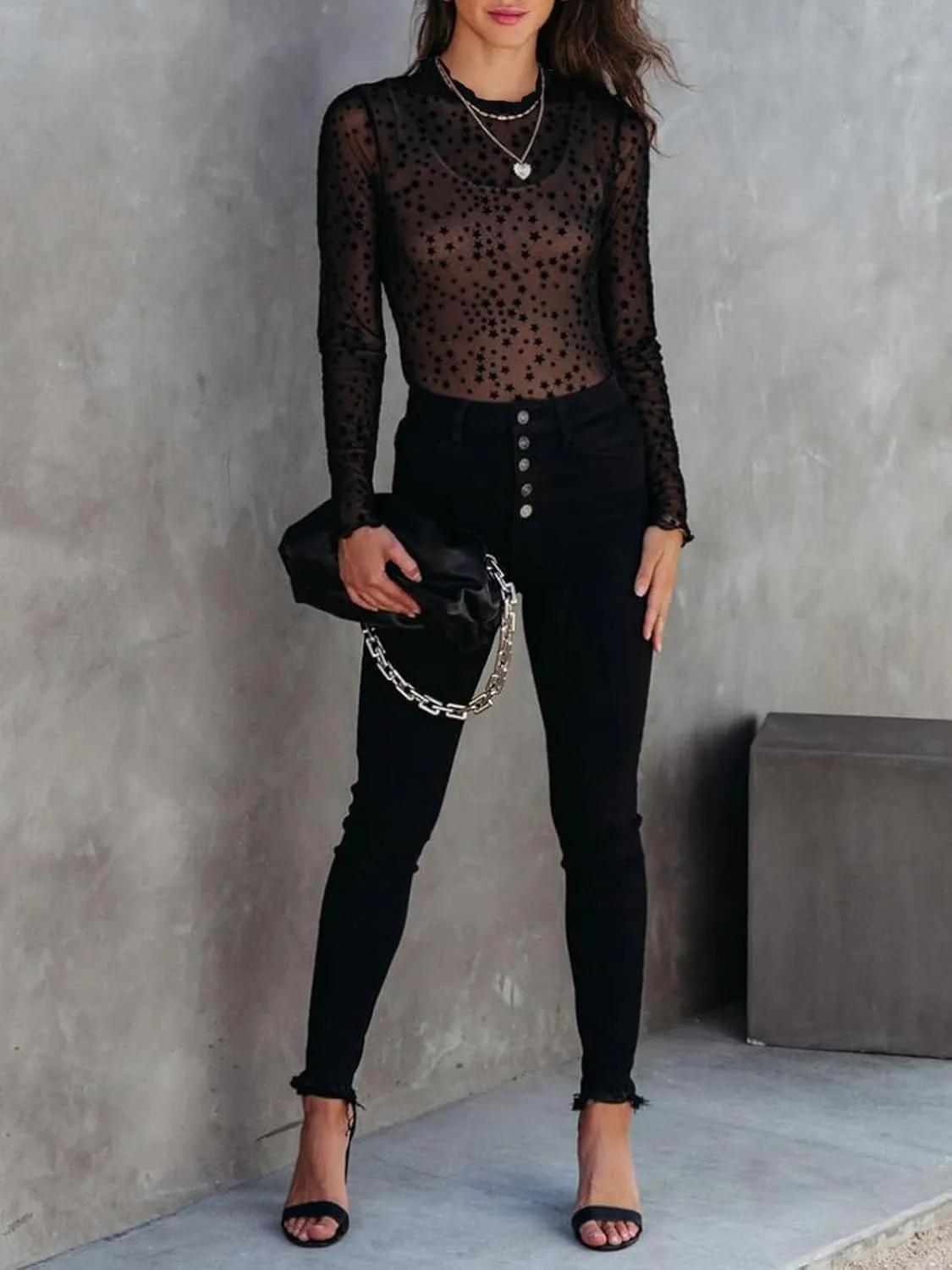 Women's Lace Long Sleeve Mesh Top Mock Neck Sheer Blouse See Through Floral Crochet Tops