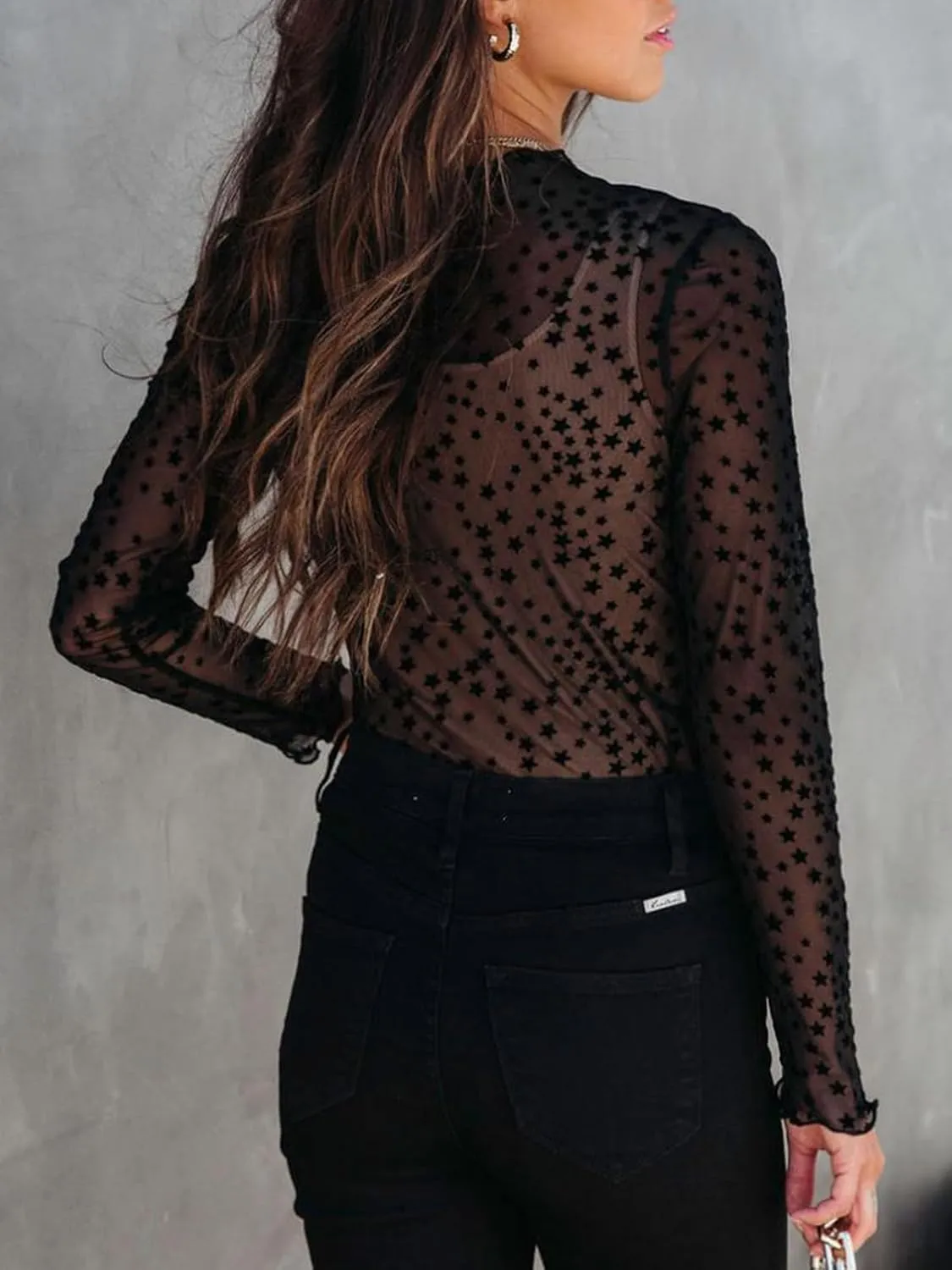 Women's Lace Long Sleeve Mesh Top Mock Neck Sheer Blouse See Through Floral Crochet Tops