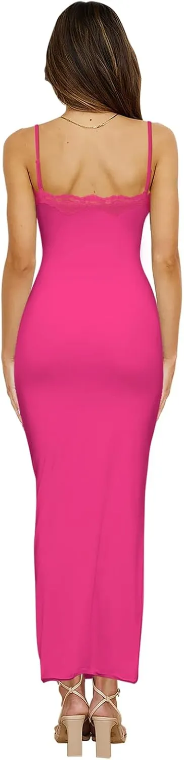 Women's Lace Long Slip Dress Sexy Sleeveless Spaghetti Strap Bodycon Maxi Dresses
