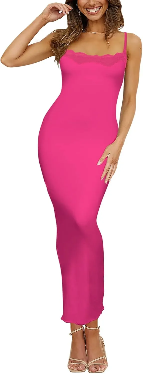 Women's Lace Long Slip Dress Sexy Sleeveless Spaghetti Strap Bodycon Maxi Dresses