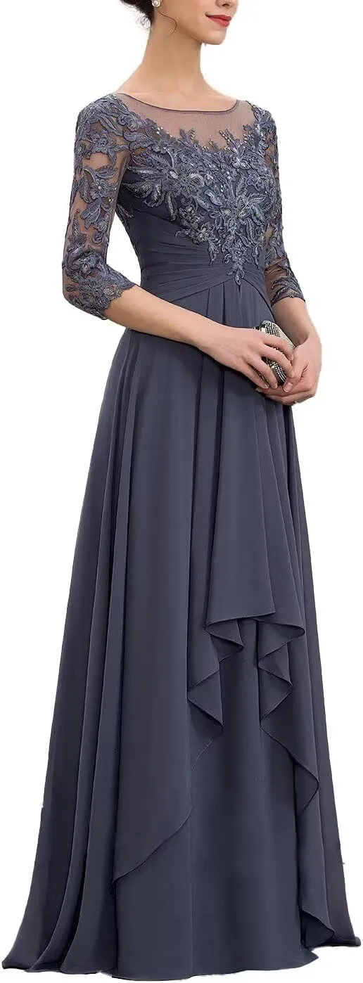 Women‘s Long Lace Mother of The Bride Dresses for Wedding 3/4 Sleeve Chiffon Formal Evening Dress