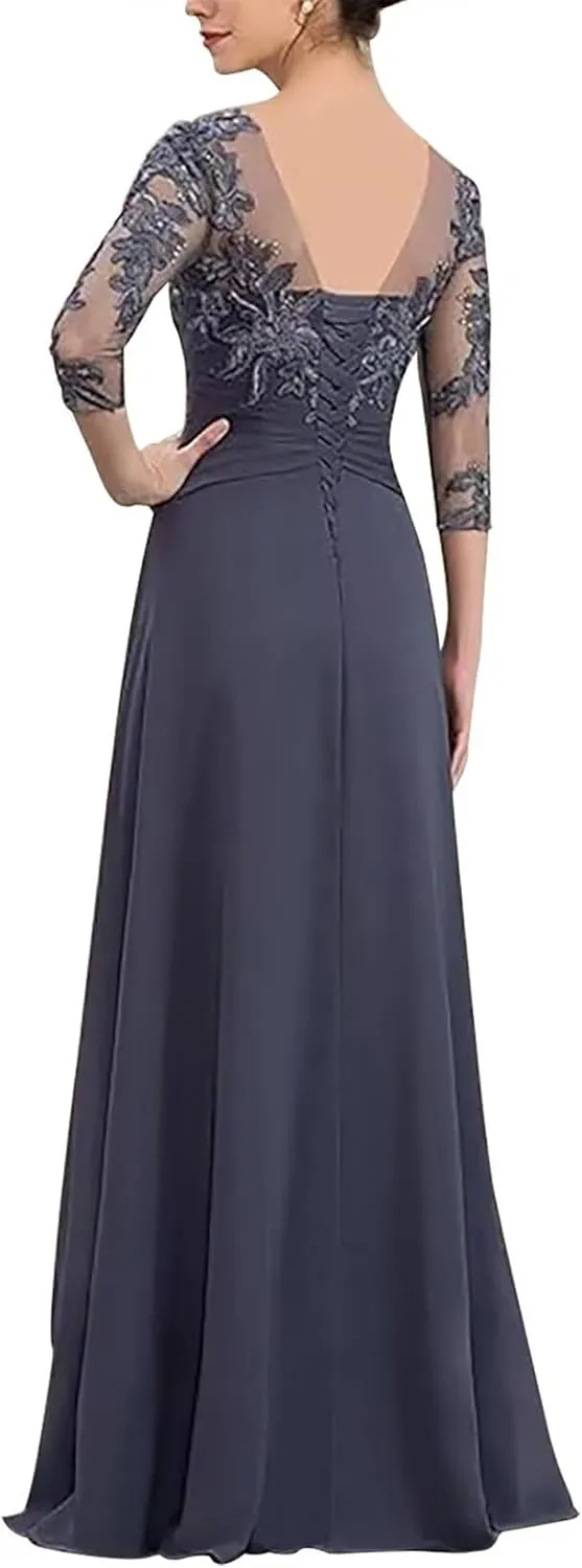 Women‘s Long Lace Mother of The Bride Dresses for Wedding 3/4 Sleeve Chiffon Formal Evening Dress