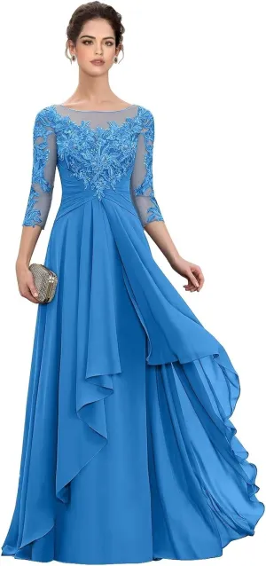 Women‘s Long Lace Mother of The Bride Dresses for Wedding 3/4 Sleeve Chiffon Formal Evening Dress