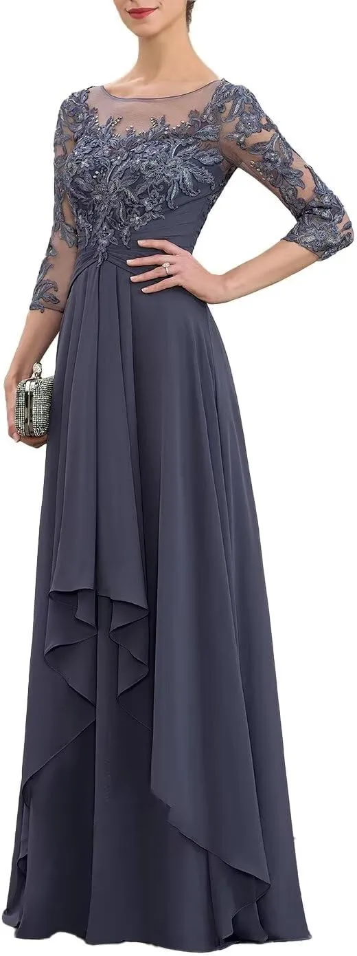 Women‘s Long Lace Mother of The Bride Dresses for Wedding 3/4 Sleeve Chiffon Formal Evening Dress