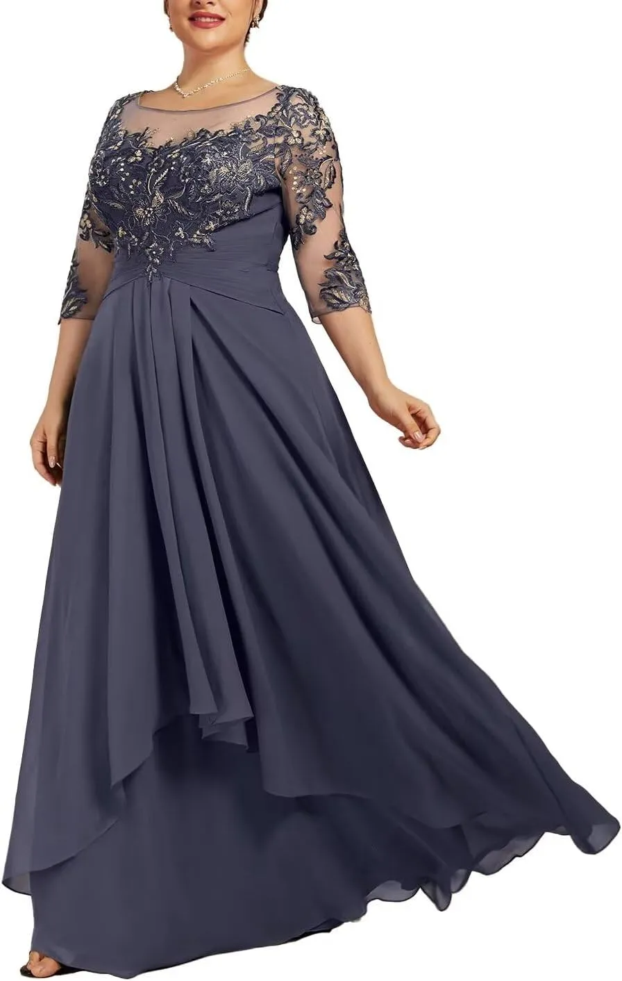 Women‘s Long Lace Mother of The Bride Dresses for Wedding 3/4 Sleeve Chiffon Formal Evening Dress