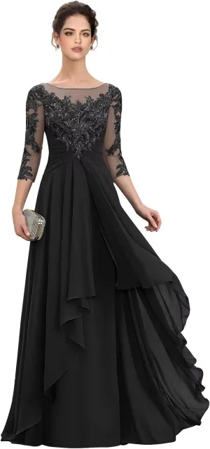 Women‘s Long Lace Mother of The Bride Dresses for Wedding 3/4 Sleeve Chiffon Formal Evening Dress