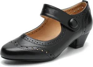 Women's Low Chunky Heel Ankle Strap Cut Out Closed Toe Pumps Hook and Loop Retro D'Orsay Vintage Dressy Wedding Party Church Shoes Black Matte 43-10US