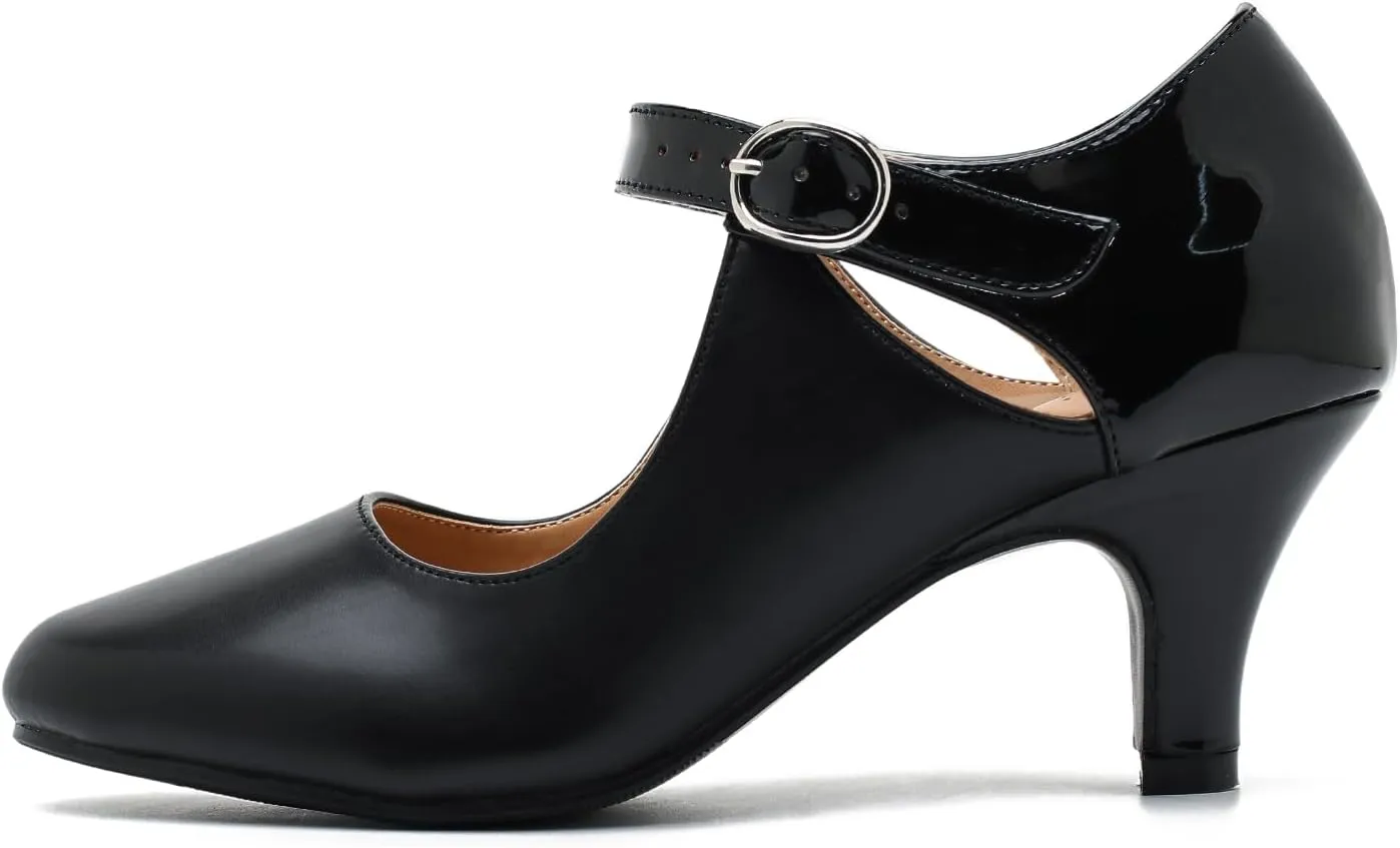 Women's Low Kitten Heels Mary Janes Pumps Cutout Round Toe Retro Vintage Hollow Out Ankle Strap Dress Shoes