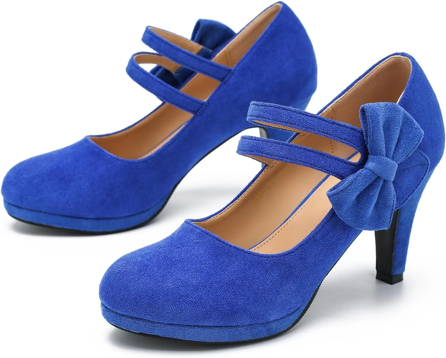 Women's Mary Jane Bow Heels Pumps Round Closed Toe Kitten Heel Double Ankle Strap Wedding Office Work Dress Shoes