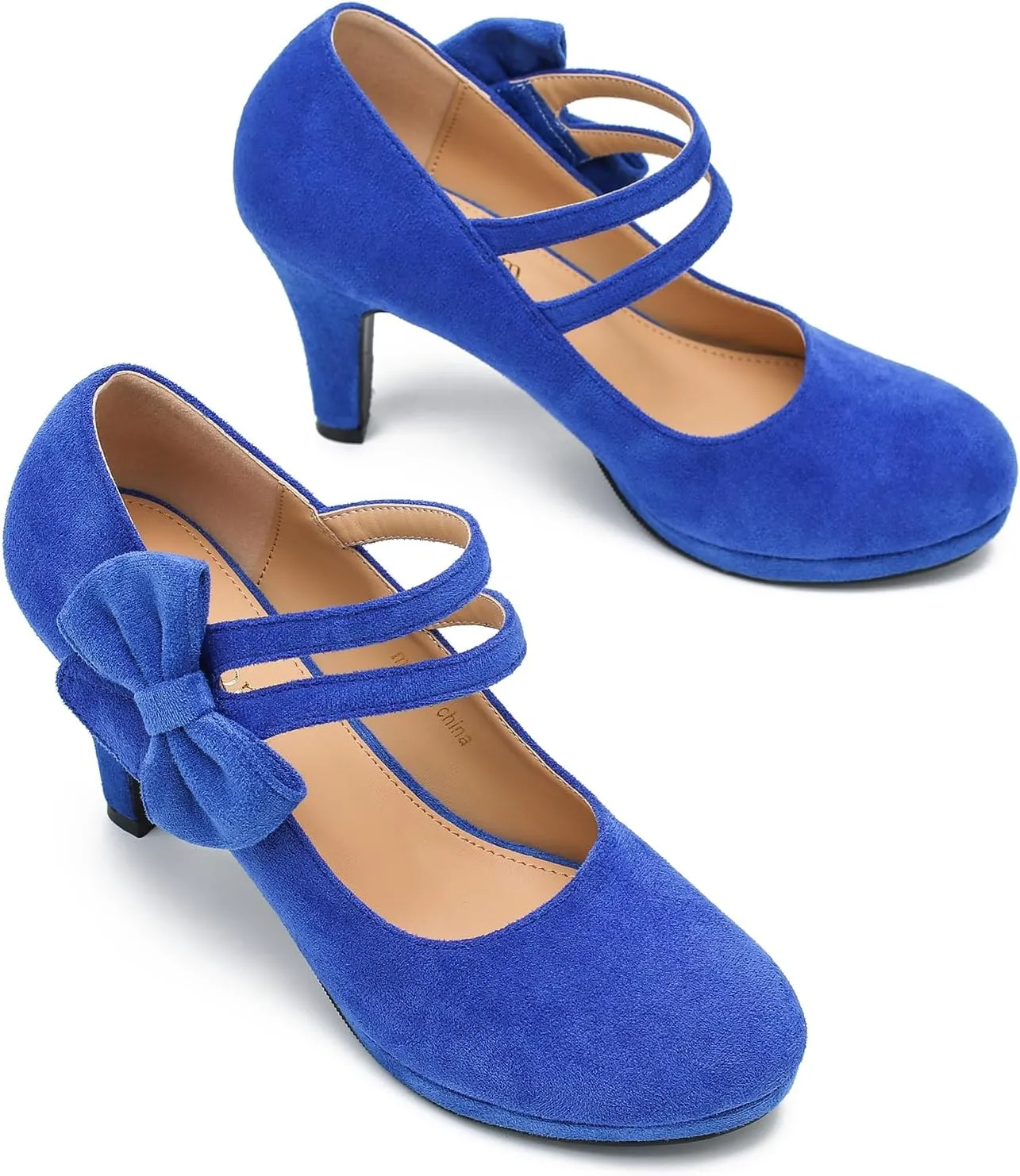 Women's Mary Jane Bow Heels Pumps Round Closed Toe Kitten Heel Double Ankle Strap Wedding Office Work Dress Shoes