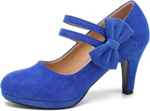 Women's Mary Jane Bow Heels Pumps Round Closed Toe Kitten Heel Double Ankle Strap Wedding Office Work Dress Shoes