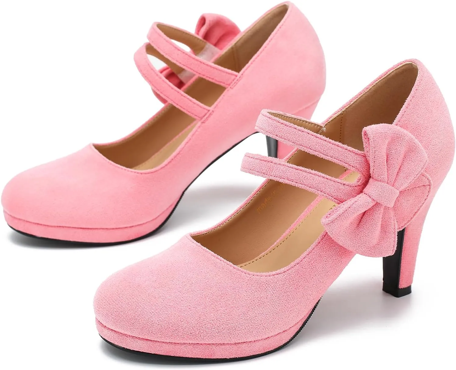 Women's Mary Jane Bow Heels Pumps Round Closed Toe Kitten Heel Double Ankle Strap Wedding Office Work Dress Shoes