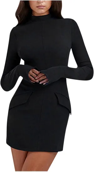 Women's Mini Dresses Business Formal Ruched Tight Fit Flowy Lightweight Basic Casual Dress Long Sleeve Fall Dresses