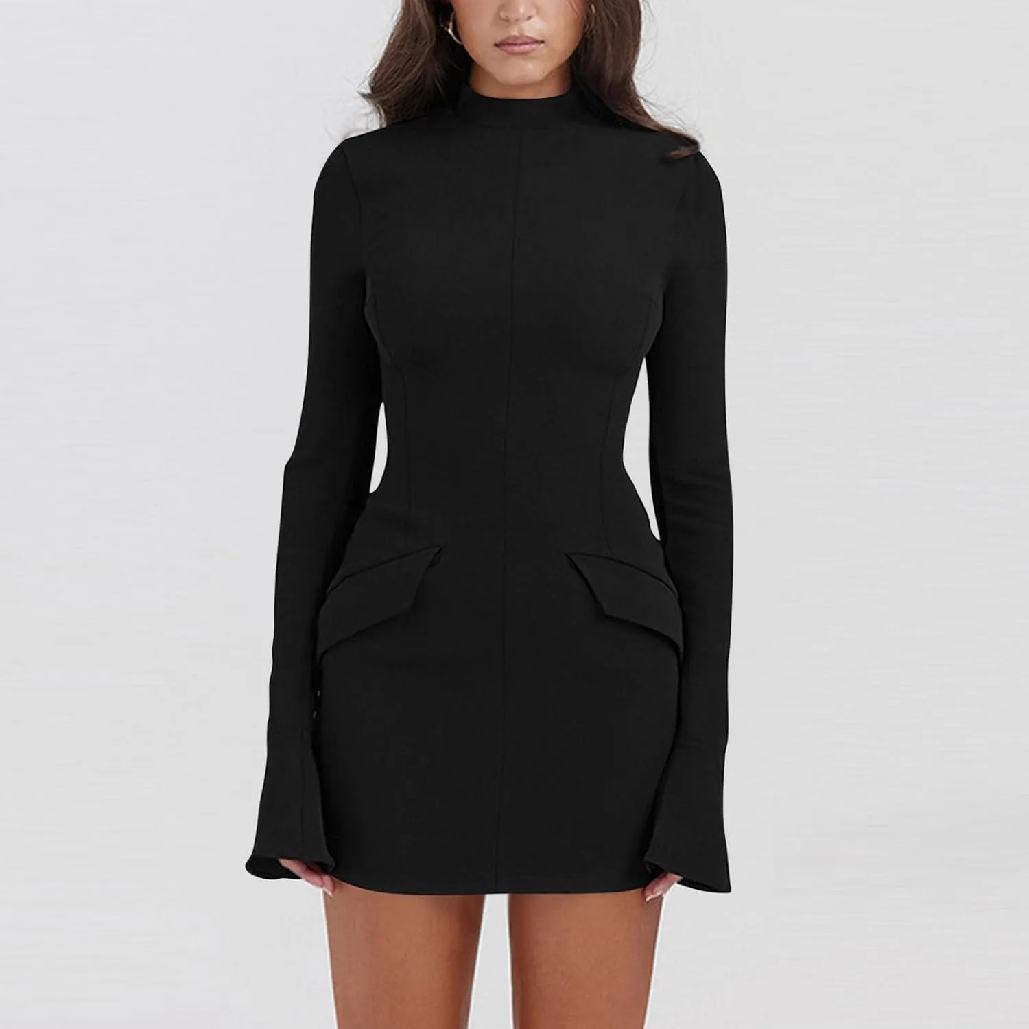 Women's Mini Dresses Business Formal Ruched Tight Fit Flowy Lightweight Basic Casual Dress Long Sleeve Fall Dresses