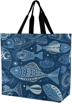 Women's Multi-Functional Shopping Bag，Fish And Shells Printing Messenger Bag Shoulder Bag for Travel, Work, Shopping & Parties with Inner Pocket, Grocery Bag Lightweight & Water-Resistant