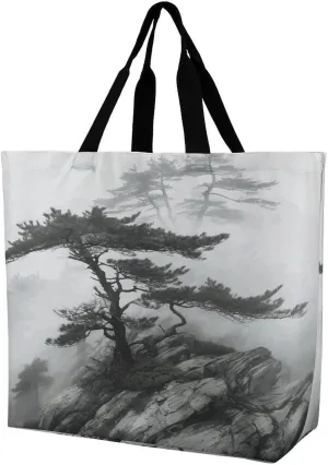 Women's Multi-Functional Shopping Bag，Foggy Mountain Pine Tree Printing Messenger Bag Shoulder Bag for Travel, Work, Shopping & Parties with Inner Pocket, Grocery Bag Lightweight & Water-Resistant