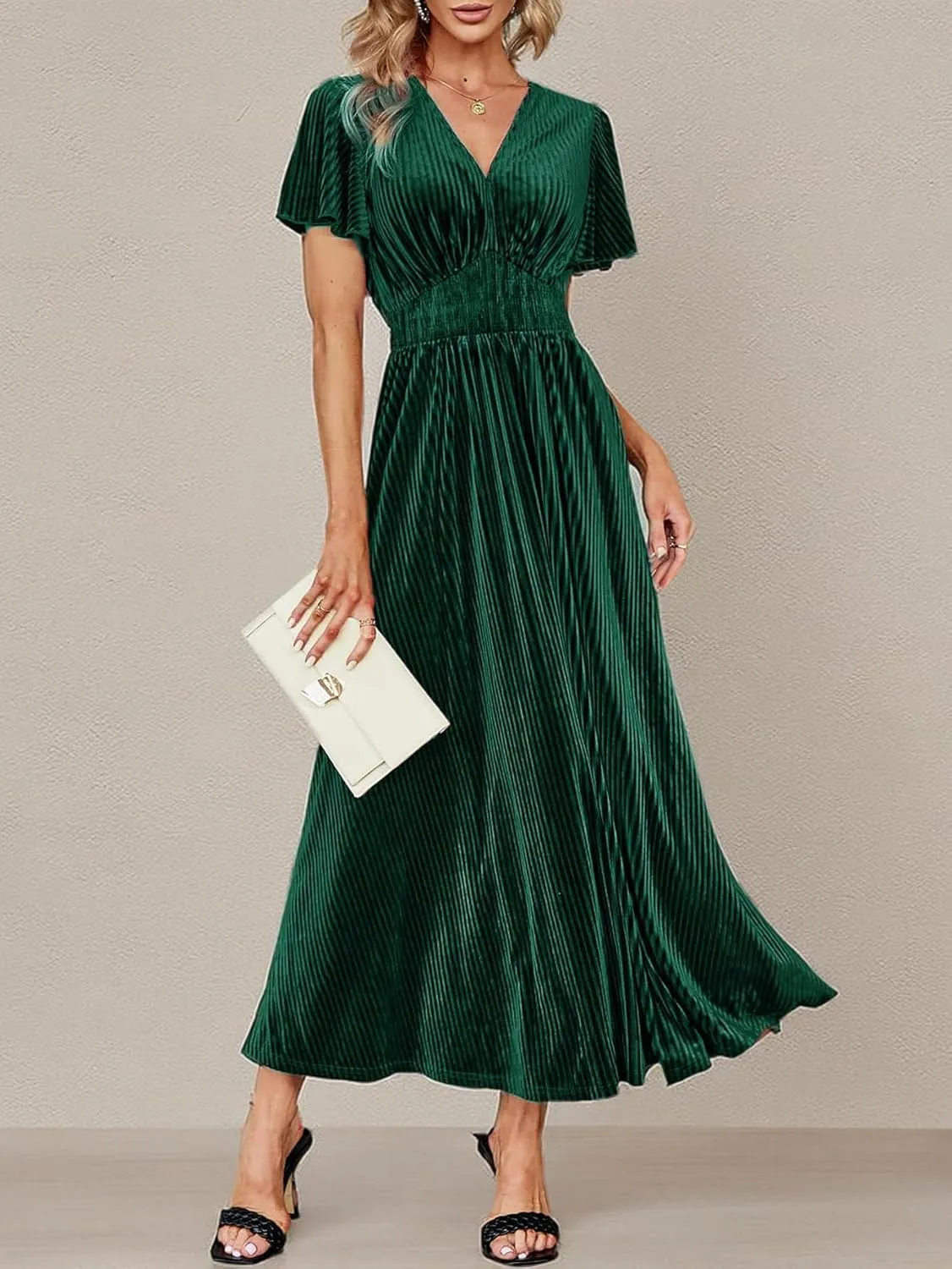 Women's Nursing Short Sleeve V Neck Velvet Maxi Dress Flowy Wedding Party Dresses with Pockets