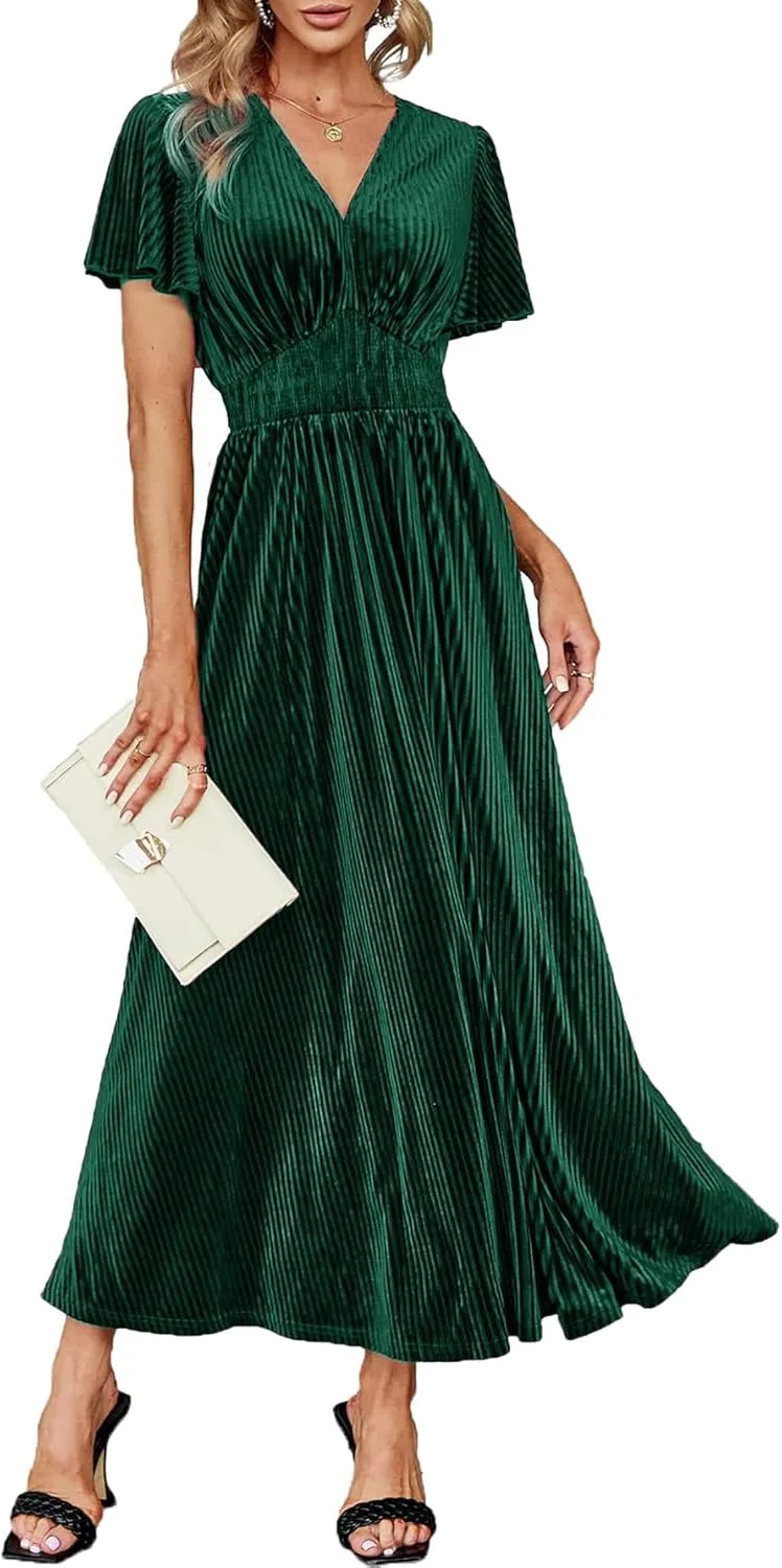 Women's Nursing Short Sleeve V Neck Velvet Maxi Dress Flowy Wedding Party Dresses with Pockets