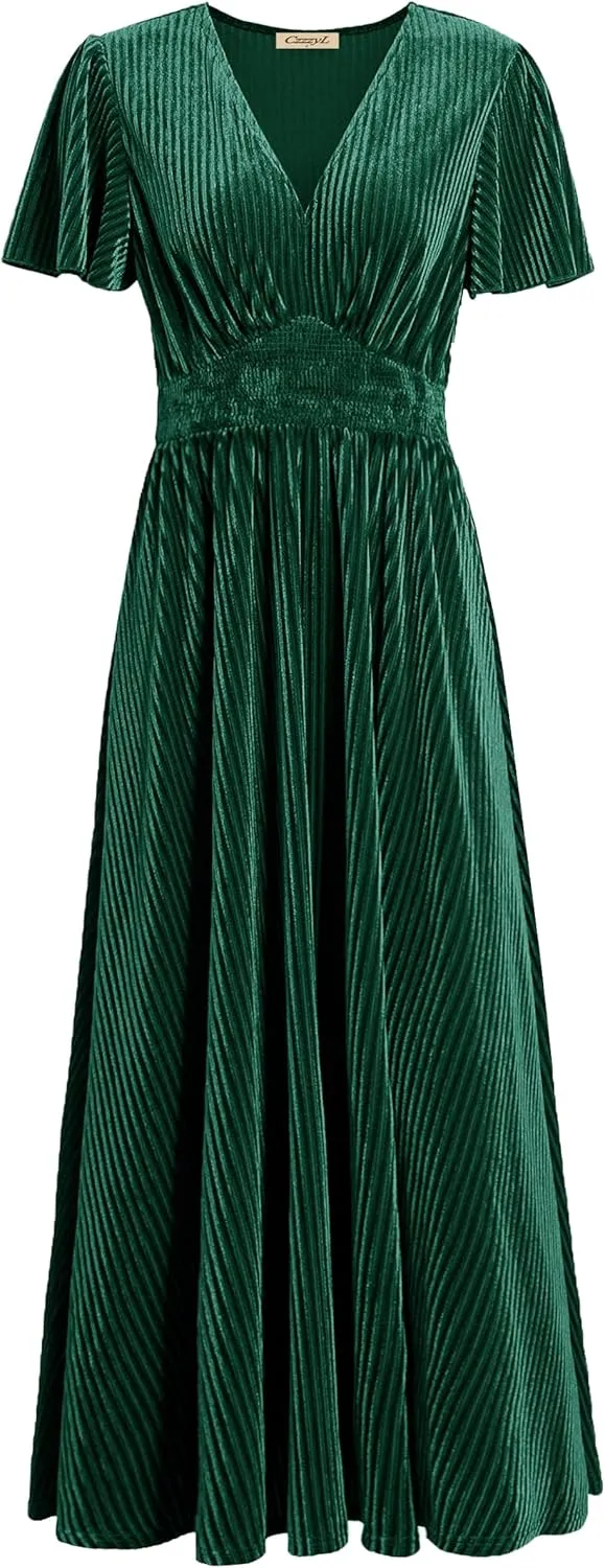 Women's Nursing Short Sleeve V Neck Velvet Maxi Dress Flowy Wedding Party Dresses with Pockets