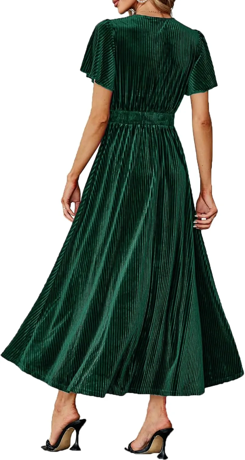 Women's Nursing Short Sleeve V Neck Velvet Maxi Dress Flowy Wedding Party Dresses with Pockets
