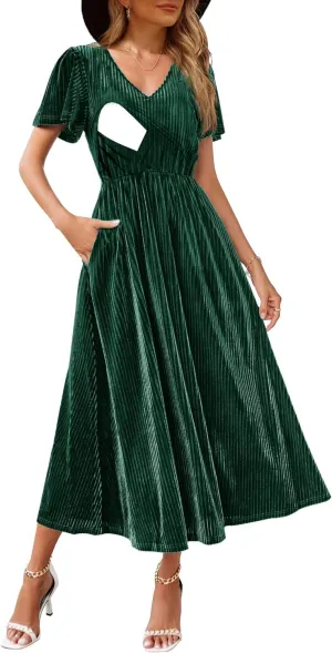 Women's Nursing Short Sleeve V Neck Velvet Maxi Dress Flowy Wedding Party Dresses with Pockets