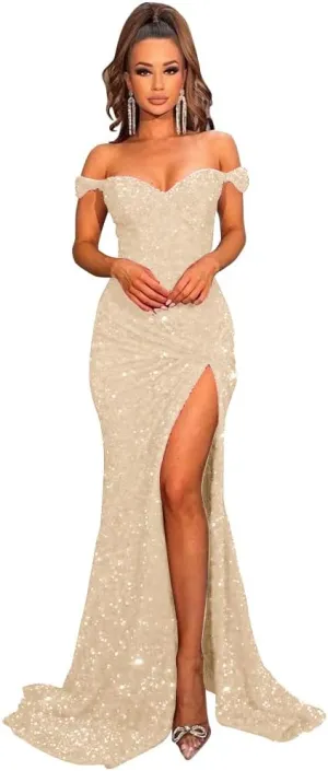 Women's Off Shoulder Mermaid Prom Dresses 2025 Long Sequin Formal Evening Gowns with Slit