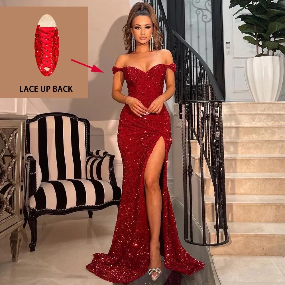 Women's Off Shoulder Mermaid Prom Dresses 2025 Long Sequin Formal Evening Gowns with Slit