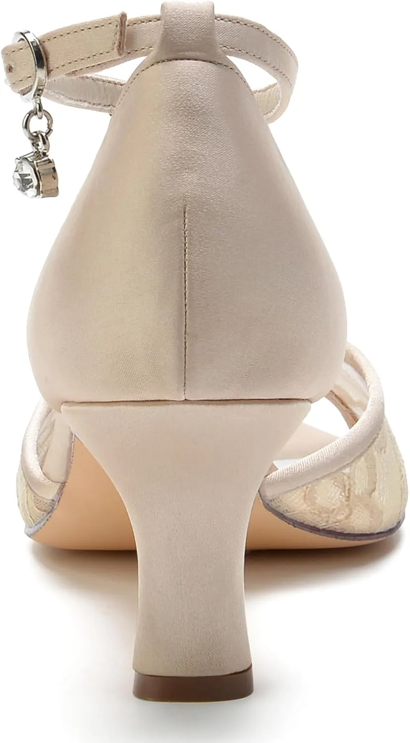 Women's Peep Toe Wedding Shoes Mid Heel Lace Satin Bridal Shoes Ankle Strap Evening Party Shoes Evening Prom Sandals