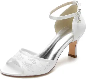 Women's Peep Toe Wedding Shoes Mid Heel Lace Satin Bridal Shoes Ankle Strap Evening Party Shoes Evening Prom Sandals