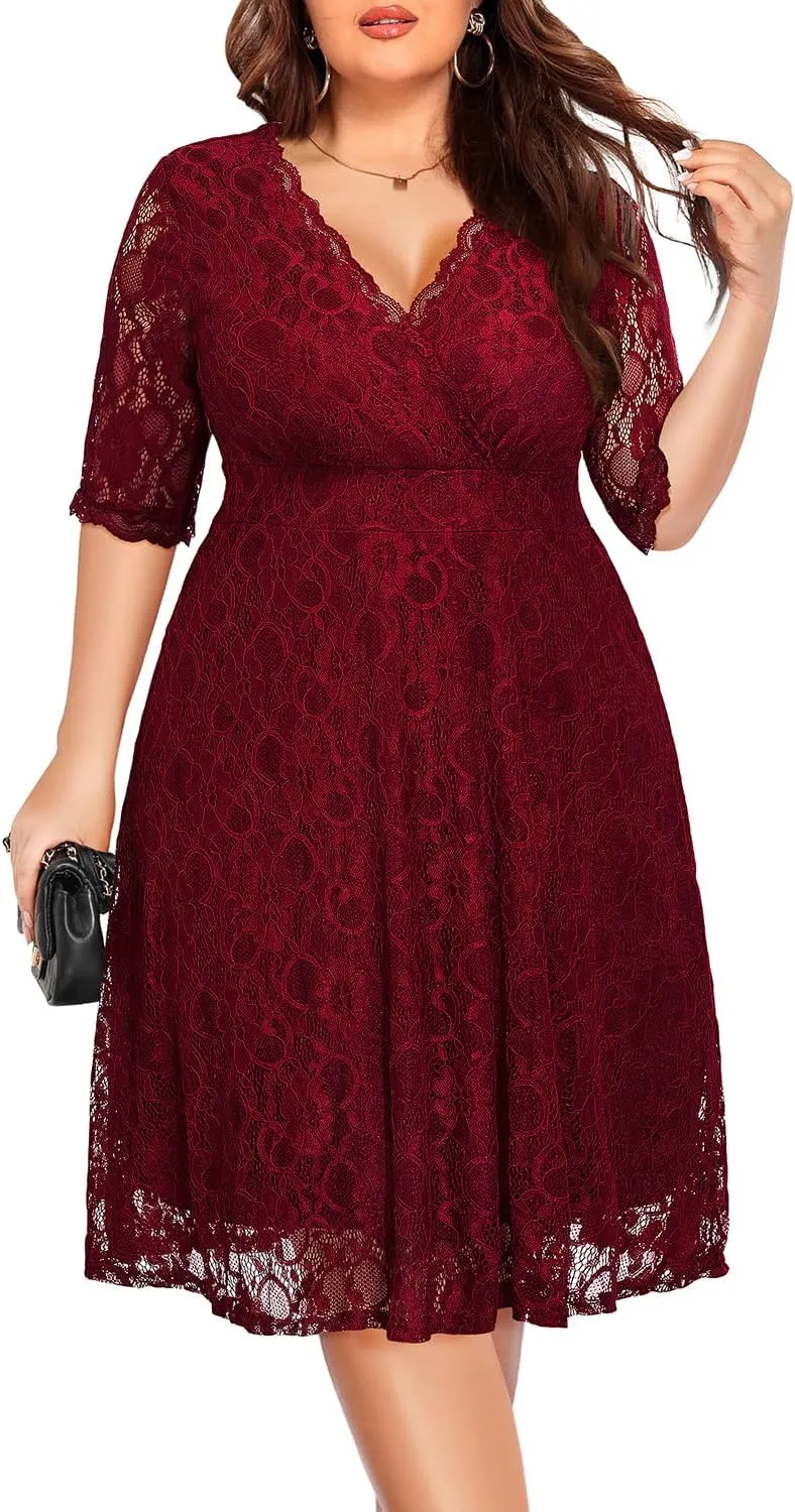 Women's Plus Size Wedding Guest Cocktail Party Semi Formal Lace Wrap V Neck Knee Length Dress