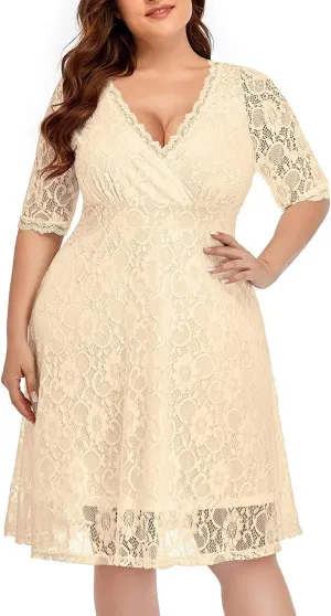 Women's Plus Size Wedding Guest Cocktail Party Semi Formal Lace Wrap V Neck Knee Length Dress