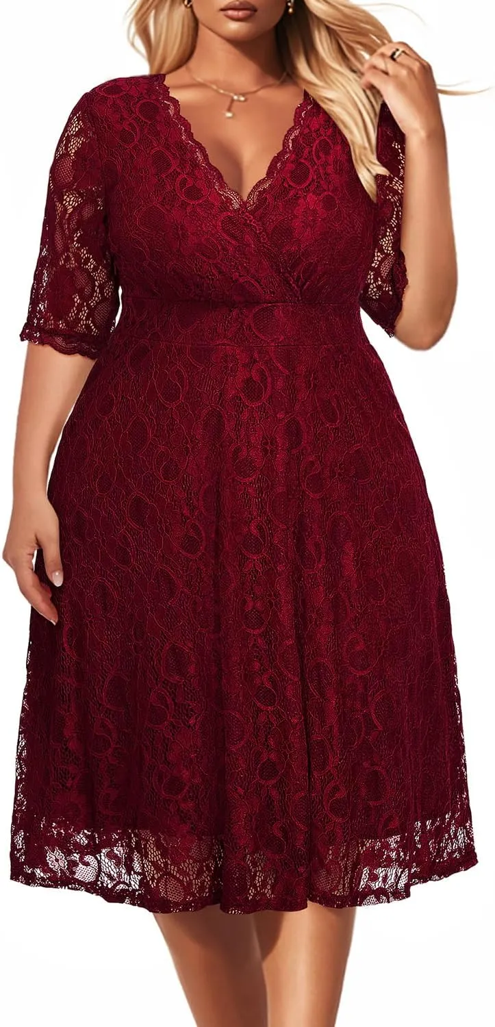 Women's Plus Size Wedding Guest Cocktail Party Semi Formal Lace Wrap V Neck Knee Length Dress